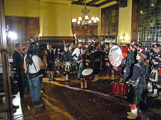 Loretto School Pipes and Drums play for a live broadcast on NRK Vestlandsrevyen